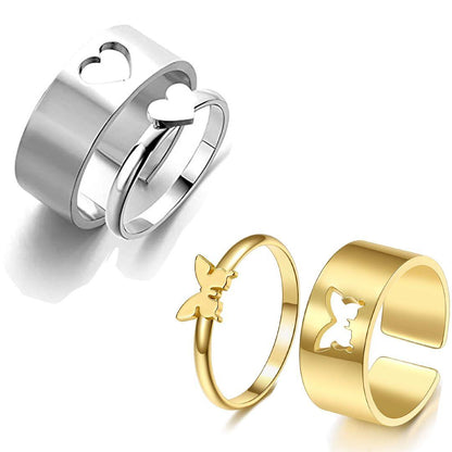 AVR JEWELS Combo of 2 Gold and Silver Plated Butterfly and Heart Couple Rings